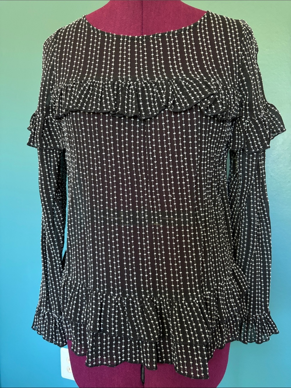 AllSaints Black Ruffle Long-Sleeve Blouse with White Dot Stripe XS